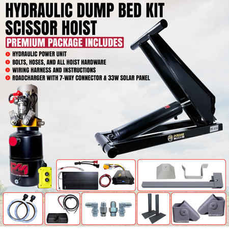 Hydraulic dump bed scissor hoist kit featuring a power unit, solar panel, controller, mounting hardware, and hoses.
