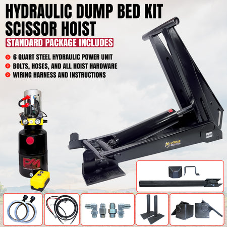 **Title:** 14 Ton HD Hydraulic Scissor Hoist Kit - Fits 18-24' Dump Body PF-630

**Alt Text:** Complete hydraulic dump-bed scissor-hoist conversion kit with hoist assembly, power unit, remote, hoses, fittings, and mounting hardware for 18-24' dump trailers.
