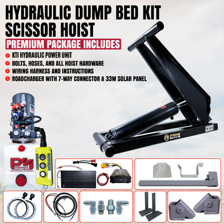Primary Mover 6 Ton Hydraulic Scissor Hoist Kit PF-416 fits 10-14′ dump beds—includes hoist, power unit, solar panel, and labeled images.