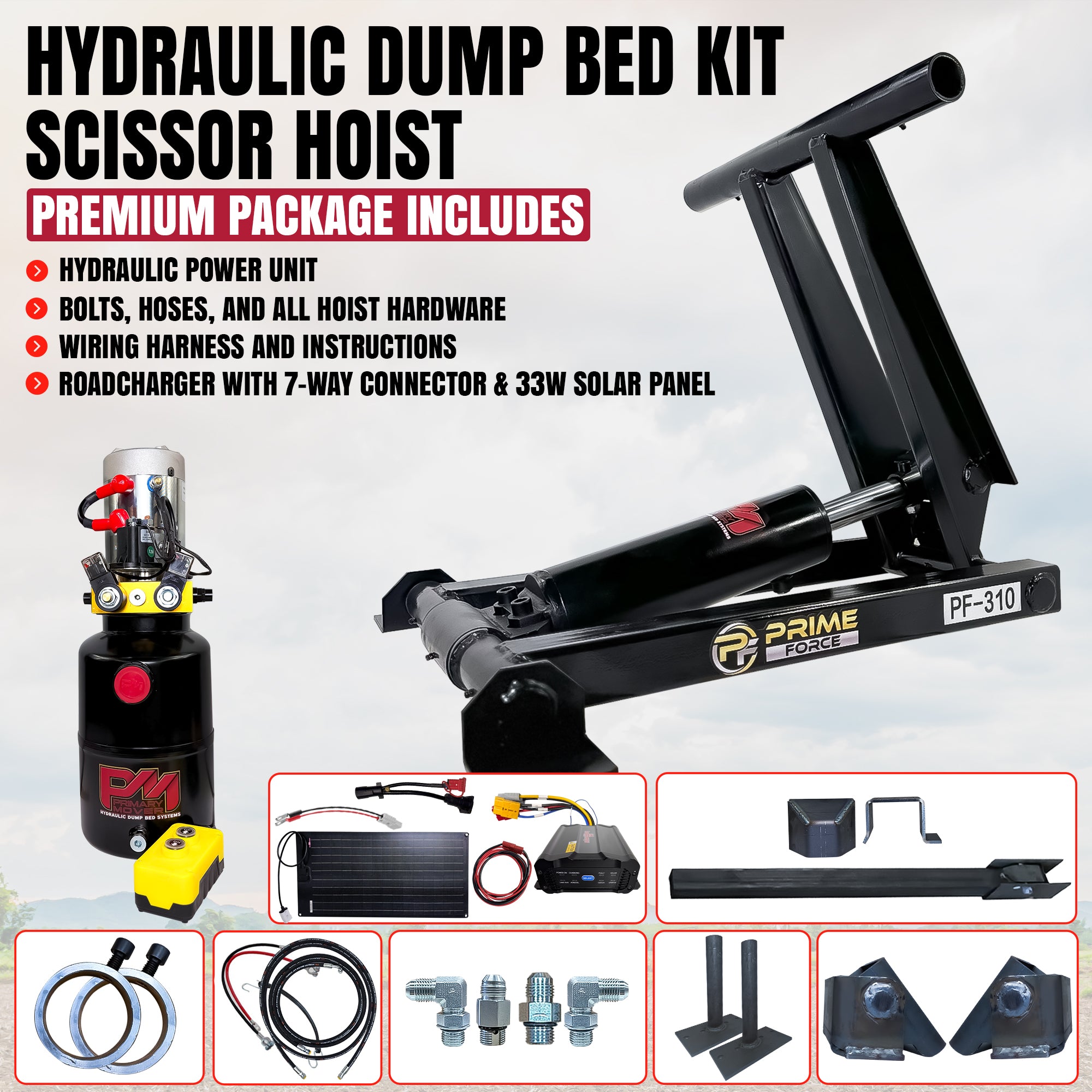 3 Ton Hydraulic Scissor Hoist Kit - Fits 8-10' Dump Body - PF-310. Complete kit with hoist, hydraulic power unit, control switch, solar panel, and installation essentials.