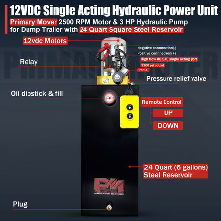 Primary Mover 12V Single-Acting Hydraulic Pump with visible steel reservoir and red-yellow buttons, designed for efficient and durable hydraulic applications.