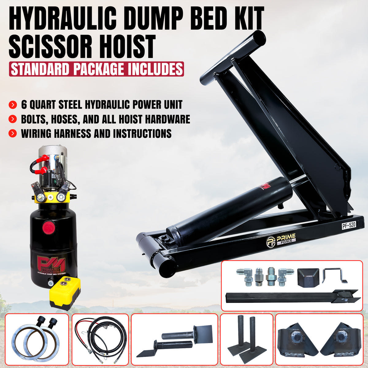 10 Ton Hydraulic Scissor Hoist Kit - Fits 12-16' Dump Body PF-520: Includes scissor hoist, hydraulic power unit, hoses, wiring, and mounting hardware for heavy-duty dump applications.