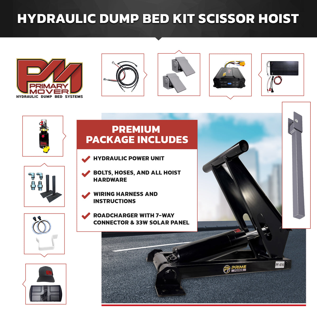 Hydraulic dump bed scissor hoist kit including a power unit, hardware, wiring, solar panel, and assembly components.