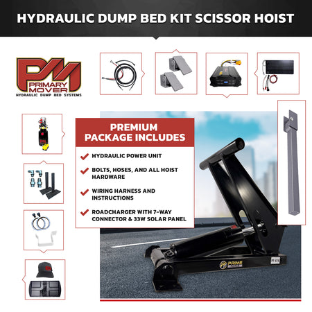 Hydraulic dump bed scissor hoist kit including a power unit, hardware, wiring, solar panel, and assembly components.