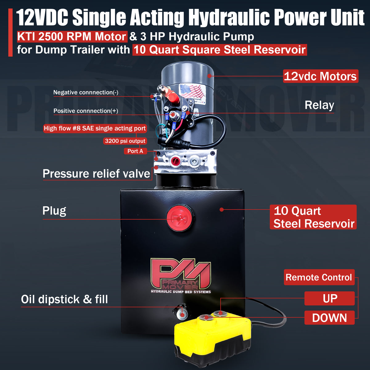 KTI 12V Single-Acting Hydraulic Pump with Steel Reservoir, showcasing compact design and durability, optimized for hydraulic dump bed systems.