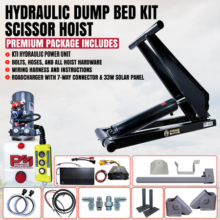 Hydraulic dump bed scissor hoist kit featuring a power unit, solar panel, wiring, hoses, and hardware.