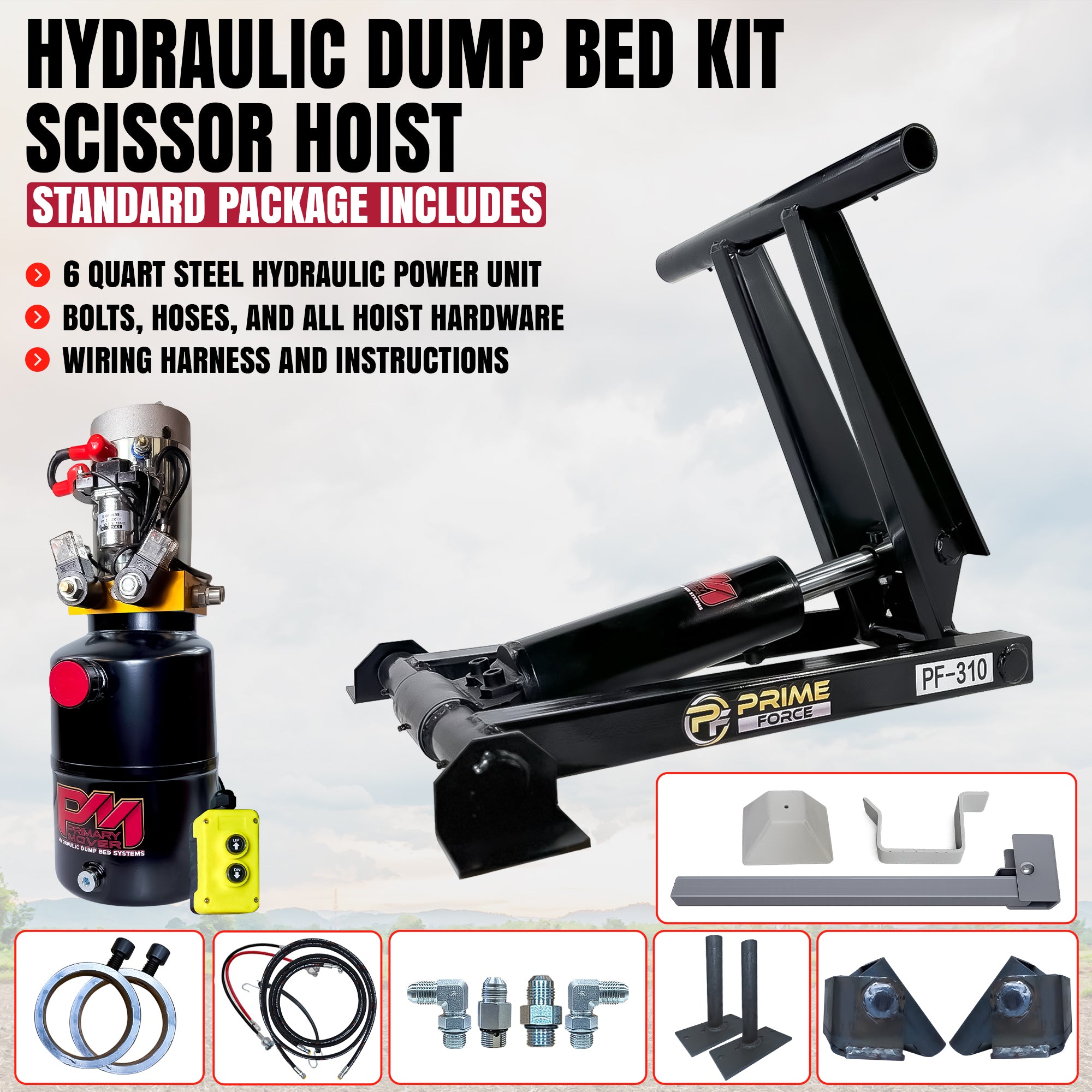 **Title:** 3 Ton Hydraulic Scissor Hoist Kit - Fits 8-10' Dump Body - PF-310

**Meta Description:** Compact PF-310 hoist kit for 8-10' dump trailers, featuring a 3-ton capacity, advanced hydraulic system, and durable construction. Ideal for space-limited installations.

**Alt Text:** Complete 3-ton hydraulic scissor hoist kit for 8-10' dump bodies, featuring a PF-310 cylinder, power unit, and essential hardware.