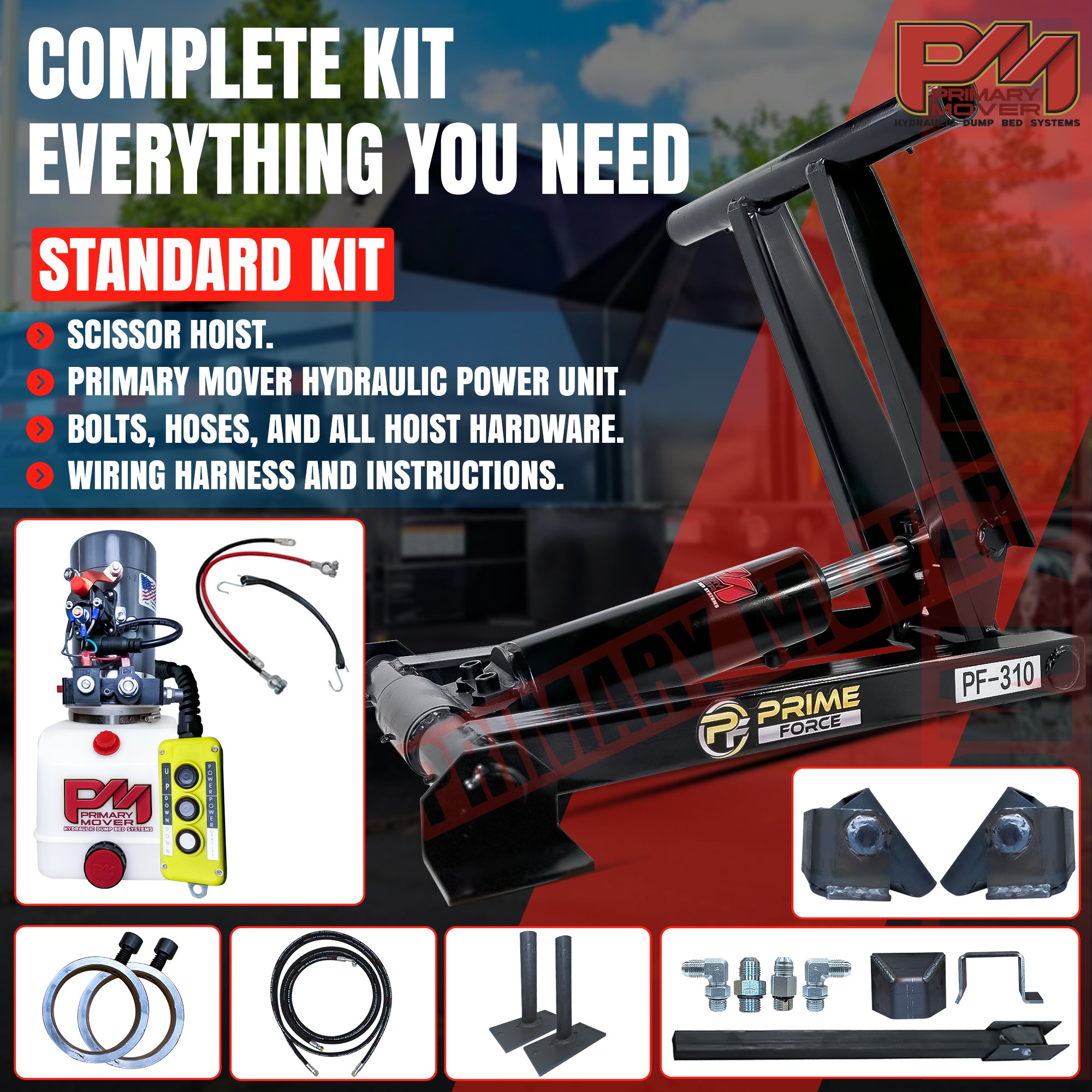 3 Ton Hydraulic Scissor Hoist Kit - PF-310, showcasing compact, low-profile design with 3.5 cylinder, ideal for 8-10' dump bodies.