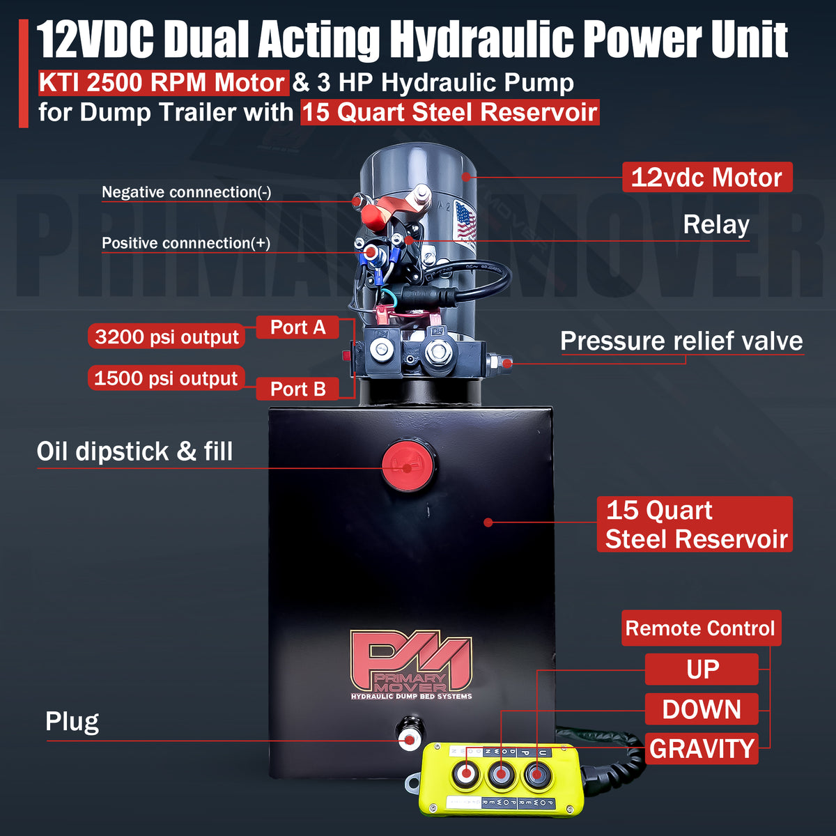 KTI 12V Double-Acting Hydraulic Pump with steel reservoir, featuring dual-action functionality and compact design, ideal for hydraulic dump bed systems, ensuring efficient performance.