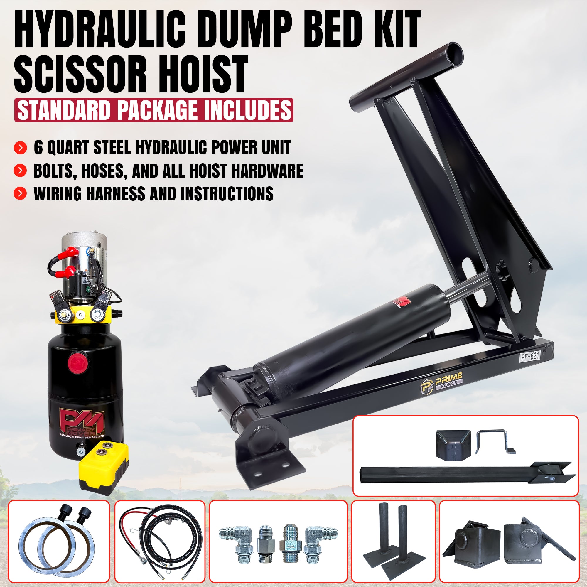 12 Ton Hydraulic Scissor Hoist Kit - Fits 16-18' Dump Body PF-621-6

Complete hydraulic dump-bed kit with scissor hoist, hydraulic power unit, remote, hoses, fittings, and mounting hardware for 16-18' dump trailers.