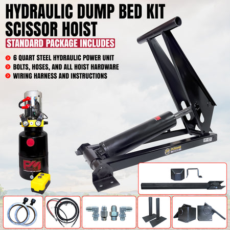 12 Ton Hydraulic Scissor Hoist Kit - Fits 16-18' Dump Body PF-621-6

Complete hydraulic dump-bed kit with scissor hoist, hydraulic power unit, remote, hoses, fittings, and mounting hardware for 16-18' dump trailers.