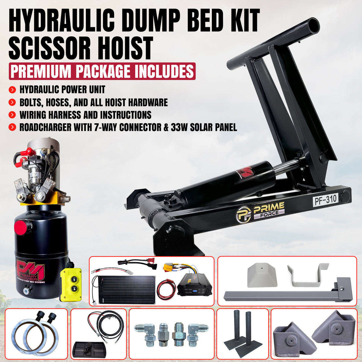 Hydraulic dump bed scissor hoist kit with a power unit, solar panel, and hardware.