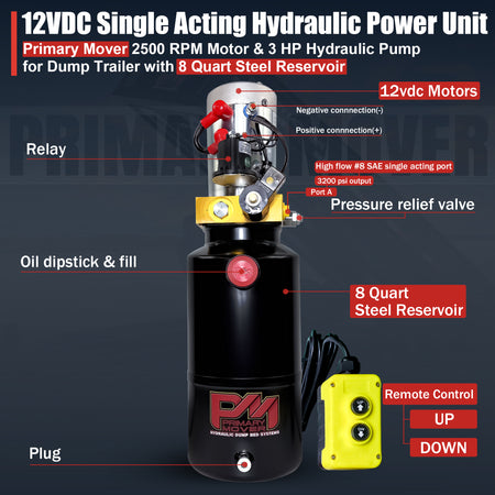 Primary Mover 12V Single-Acting Hydraulic Pump with Steel Reservoir, featuring black cylinder, red button, and yellow control unit for efficient hydraulic applications.