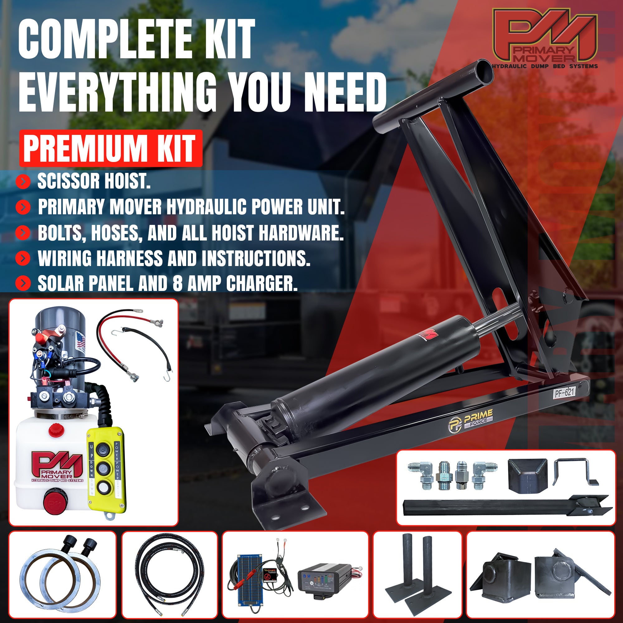 12 Ton Hydraulic Scissor Hoist Kit PF-621-6 for 16-18' dump bodies, featuring a robust cylinder, HD hinges, and flexible installation components.