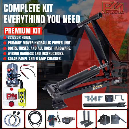 12 Ton Hydraulic Scissor Hoist Kit PF-621-6 for 16-18' dump bodies, featuring a robust cylinder, HD hinges, and flexible installation components.