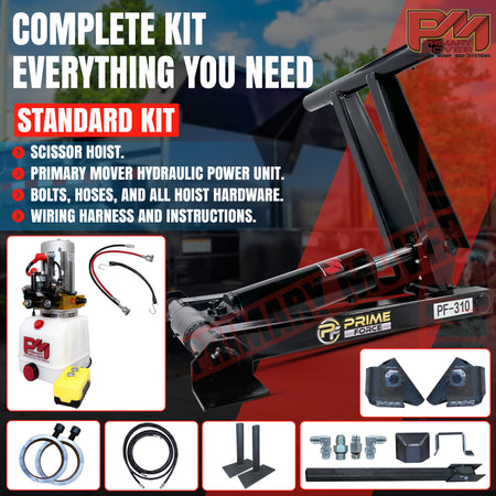 3 Ton Hydraulic Scissor Hoist Kit - Fits 8-10' Dump Body - PF-310; includes hoist, power unit, hoses, fittings, and mounting hardware for compact dump conversions.