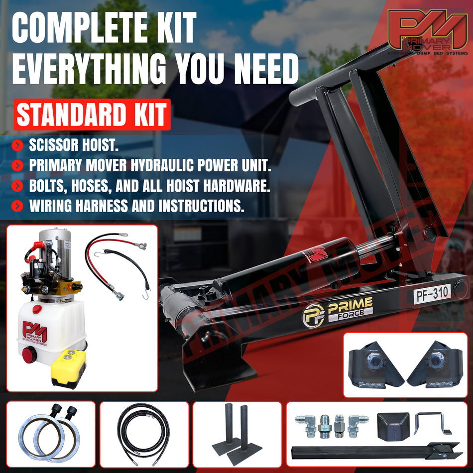 3 Ton Hydraulic Scissor Hoist Kit - Fits 8-10' Dump Body - PF-310; includes hoist, power unit, hoses, fittings, and mounting hardware for compact dump conversions.