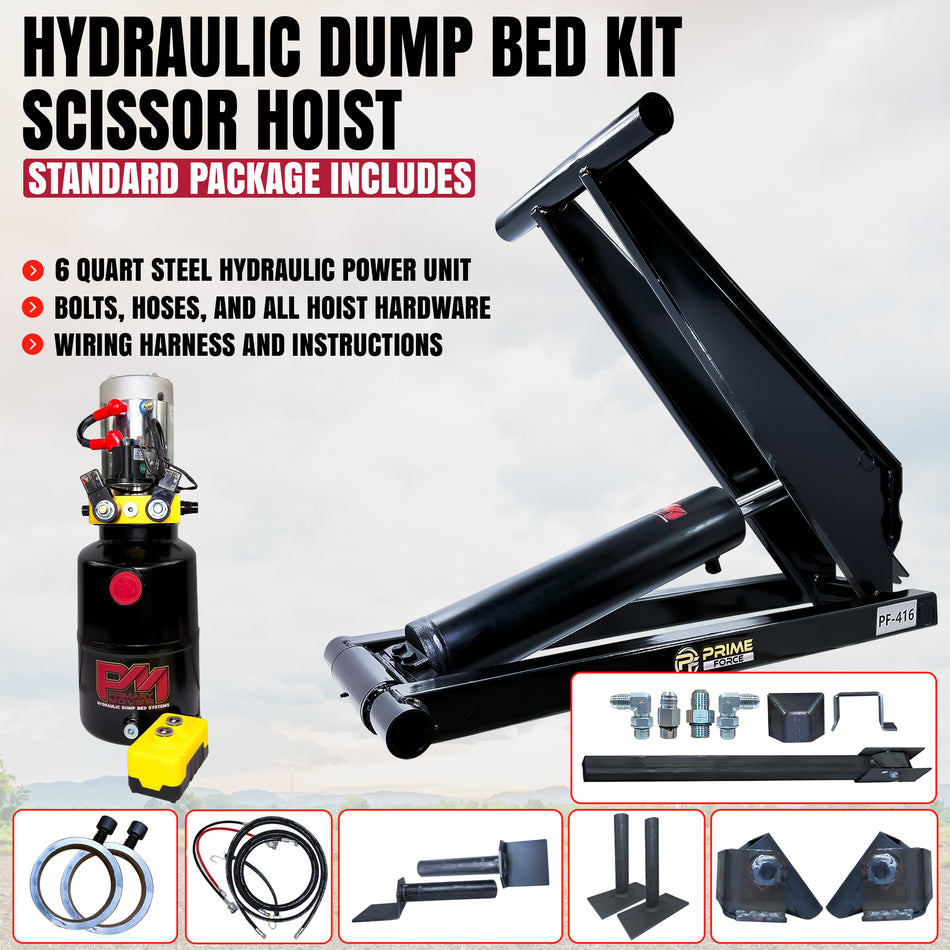 6 Ton Hydraulic Scissor Hoist Kit - Fits 10-14' Dump Body PF-416

Hydraulic scissor hoist kit with pump, remote, and installation hardware for 10-14' dump trailers.