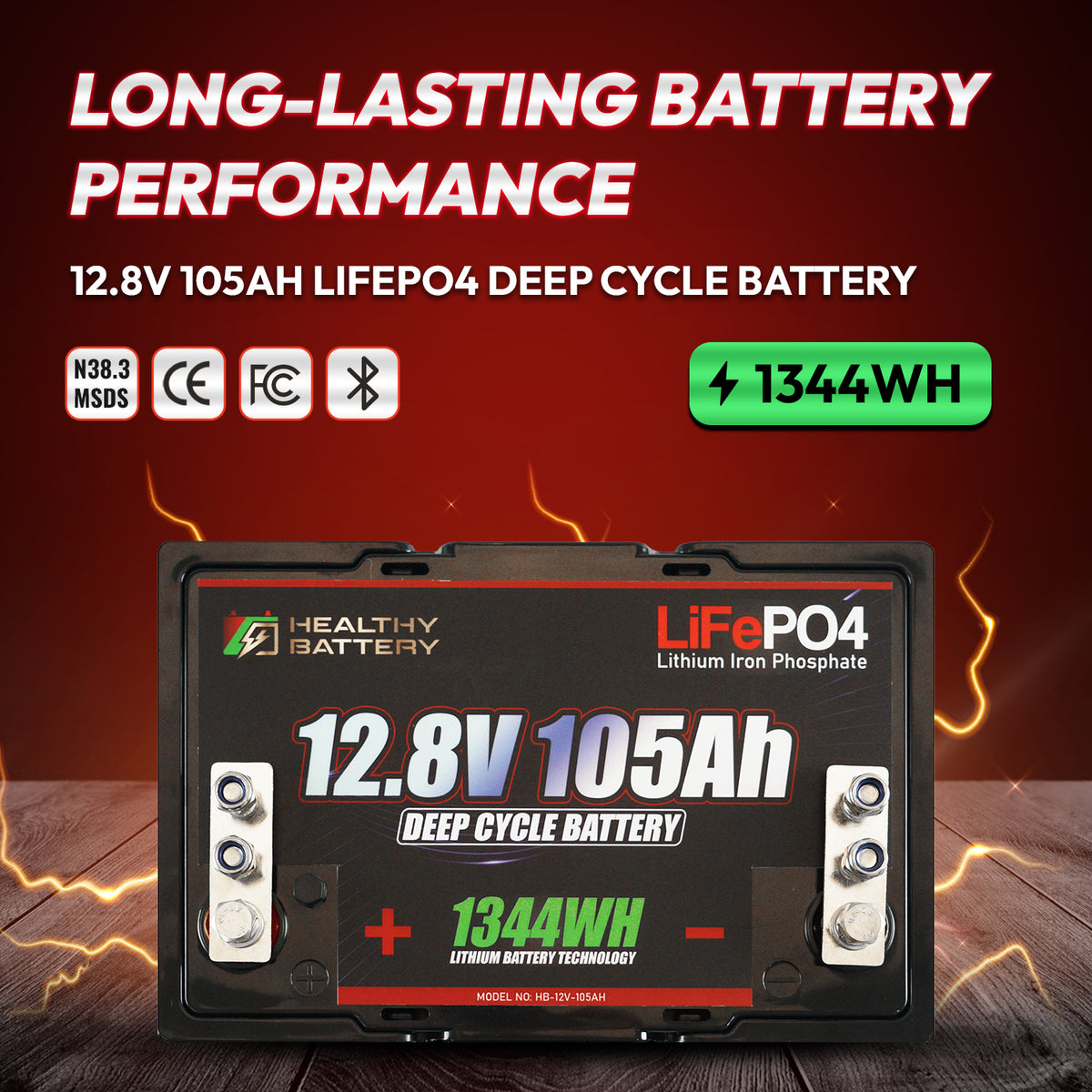 **Title:** Healthy Battery 12.8V 105Ah LiFePO4 Deep Cycle Battery

**Alt Text:** Advert for 12.8V 105Ah LiFePO4 deep-cycle battery with terminal posts, certifications, and Long-Lasting Battery Performance highlighted.

**Meta Description:** Discover the Healthy Battery 12.8V 105Ah LiFePO4 Deep Cycle Battery, offering 1344Wh high output and integrated BMS for reliable, safe energy in demanding applications.