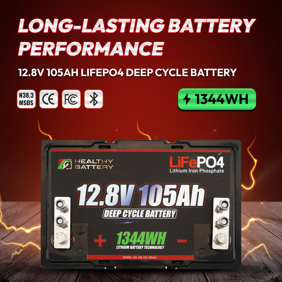 **Title:** Healthy Battery 12.8V 105Ah LiFePO4 Deep Cycle Battery

**Alt Text:** Advert for 12.8V 105Ah LiFePO4 deep-cycle battery with terminal posts, certifications, and Long-Lasting Battery Performance highlighted.

**Meta Description:** Discover the Healthy Battery 12.8V 105Ah LiFePO4 Deep Cycle Battery, offering 1344Wh high output and integrated BMS for reliable, safe energy in demanding applications.