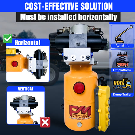 Primary Mover 12V Dual Double-Acting Hydraulic Power Unit: Compact, powerful steel unit for dump trailers and trucks, enabling four hydraulic actions simultaneously. Used for any truck or trailer application. 1/2 ton truck dump bed kit.