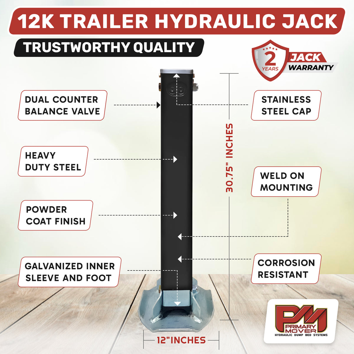 12k Single Hydraulic Trailer Jack Leg Kit, featuring a robust design with dual counterbalance valves and zinc-plated components for reliable, heavy-duty trailer lifting.