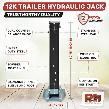 12k Single Hydraulic Trailer Jack Leg Kit, featuring a robust design with dual counterbalance valves and zinc-plated components for reliable, heavy-duty trailer lifting.