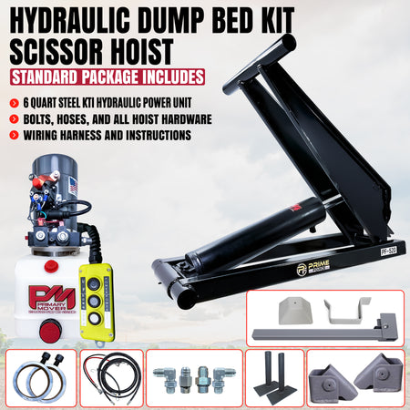 Hydraulic dump bed scissor hoist kit including a power unit, handheld remote, hoses, mounting hardware, and brackets.