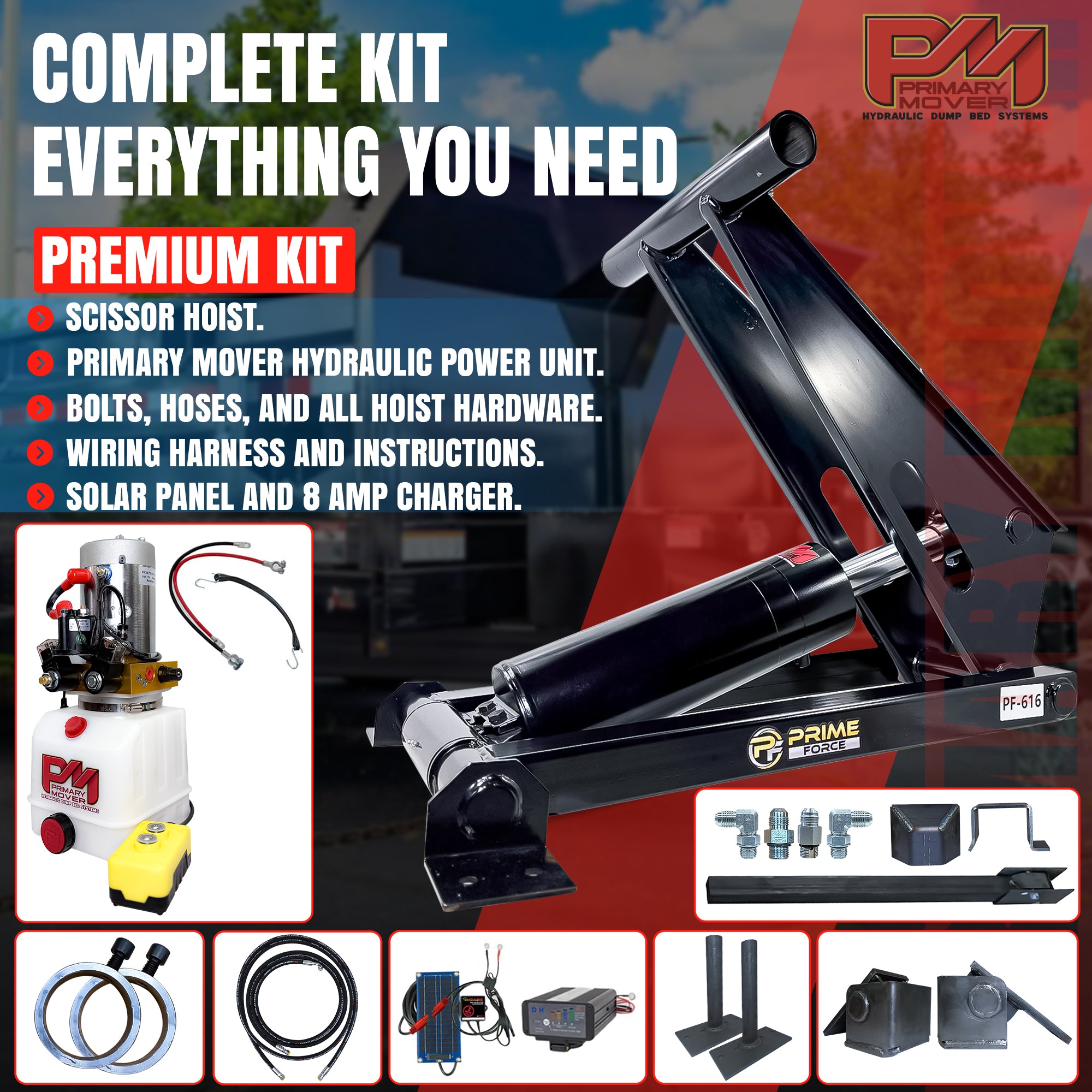 11 Ton Hydraulic Scissor Hoist Kit PF-616-6 for 12-16' dump trailers, showcasing integrated HD hinges and mounting brackets for stable installation.