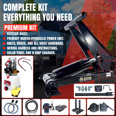 11 Ton Hydraulic Scissor Hoist Kit PF-616-6 for 12-16' dump trailers, showcasing integrated HD hinges and mounting brackets for stable installation.