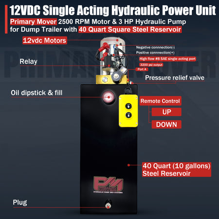 Primary Mover 12V Single-Acting Hydraulic Pump with Steel Reservoir featuring control buttons and logo, designed for efficient hydraulic performance in various heavy-duty applications.