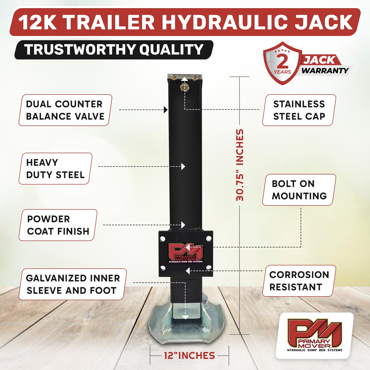 12K Single Hydraulic Trailer Jack Leg Kit for heavy-duty trailers, featuring a close-up of a sign detailing the Weld On and Bolt On installation options.