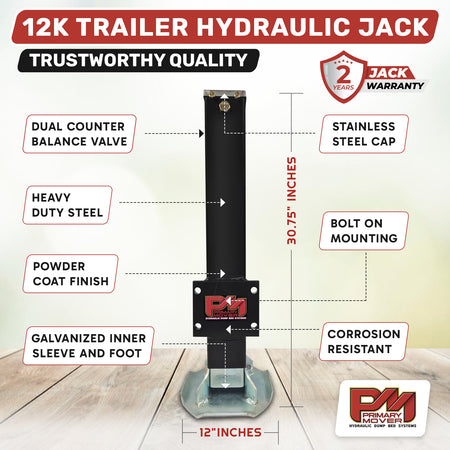 12K Single Hydraulic Trailer Jack Leg Kit for heavy-duty trailers, featuring a close-up of a sign detailing the Weld On and Bolt On installation options.