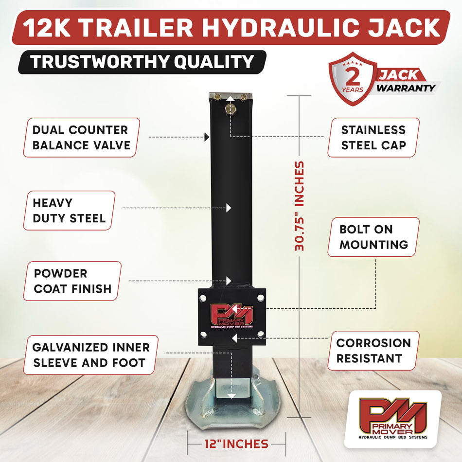 12K Single Hydraulic Trailer Jack Leg Kit for heavy-duty trailers, featuring a close-up of a sign detailing the Weld On and Bolt On installation options.