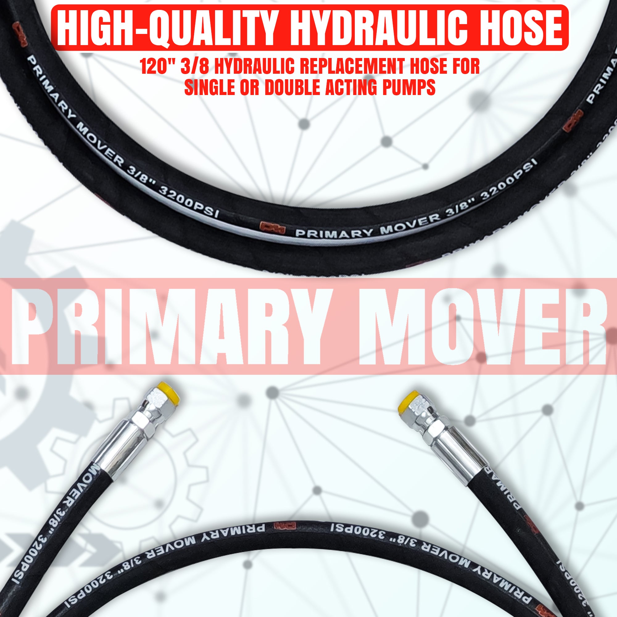Close-up of the 120'' 3/8 Hydraulic Hose with two straight ends, compatible with Single or Double Acting Hydraulic Pumps.