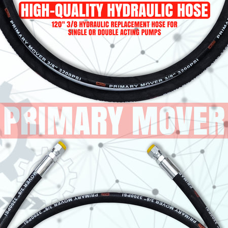 Close-up of the 120'' 3/8 Hydraulic Hose with two straight ends, compatible with Single or Double Acting Hydraulic Pumps.