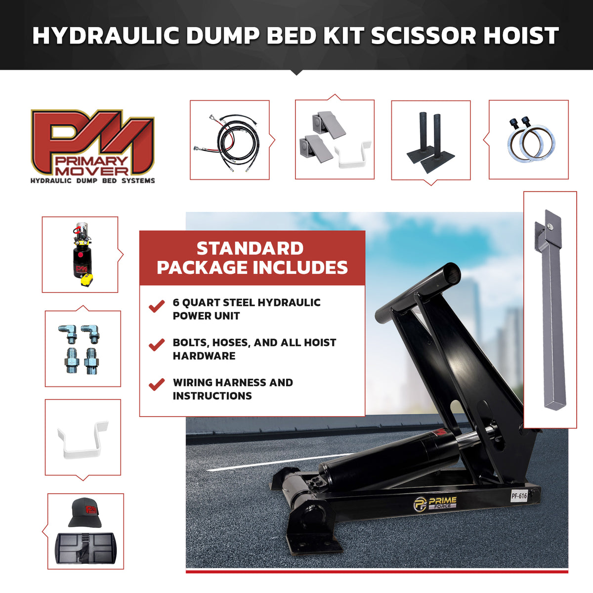 Hydraulic dump bed scissor hoist kit including power unit, hoses, mounting hardware, and wiring harness.