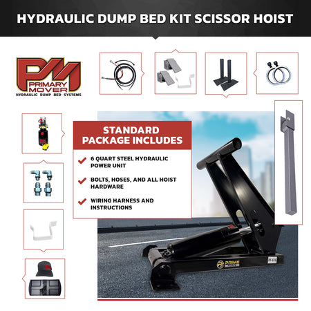 Hydraulic dump bed scissor hoist kit including power unit, hoses, mounting hardware, and wiring harness.