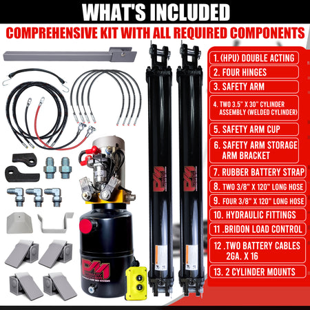 **Title:** Dual 3.5 x 30 Cylinders Direct Push Lift Kit | PFK-3530-DP2  

**Alt Text:** Laid-out parts of the Dual 3.5 x 30 Cylinders Direct Push Lift Kit, featuring cylinders, hydraulic power unit, hoses, and hardware for dump-bed installation.  

**Meta Description:** Discover the Dual 3.5 x 30 Cylinders Direct Push Lift Kit with cylinders, power unit, hoses, and all hardware for seamless dump-bed installation and enhanced lifting capacity.