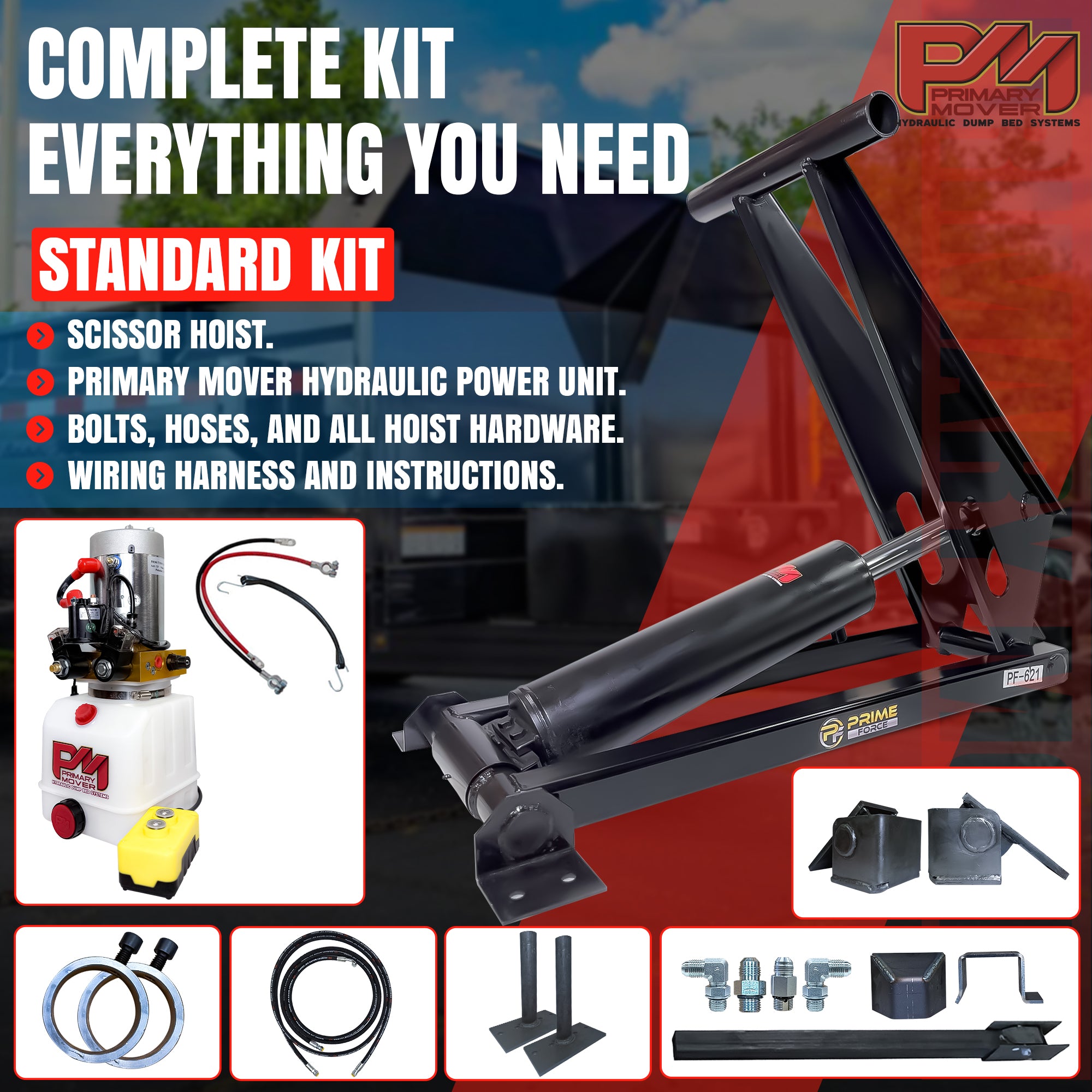 12 Ton Hydraulic Scissor Hoist Kit PF-621-6, featuring a durable cylinder and components, ideal for 16-18' dump trailers. Includes hydraulic pump and safety features.