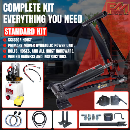 12 Ton Hydraulic Scissor Hoist Kit PF-621-6, featuring a durable cylinder and components, ideal for 16-18' dump trailers. Includes hydraulic pump and safety features.
