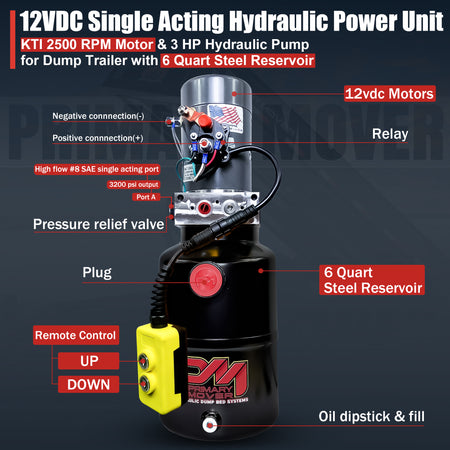 KTI 12V Single-Acting Hydraulic Pump - Steel Reservoir, optimized for dump beds, compact design, durable construction, easy installation, features text signage elements.