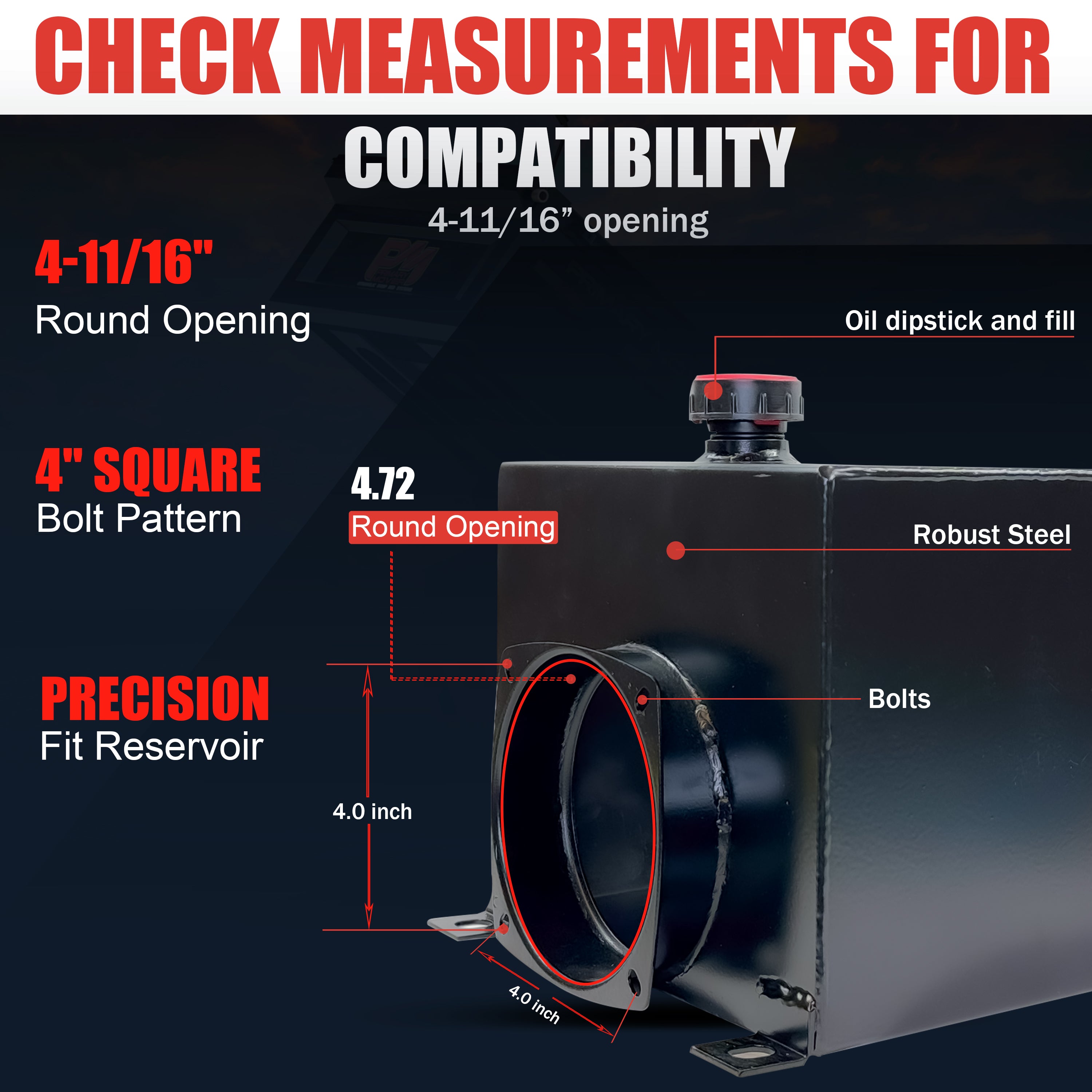 Hydraulic Power Unit Replacement Reservoir 8 Quart Steel Round, robust steel construction, visible round opening, square bolt pattern, plug and breather caps included for versatile hydraulic applications.