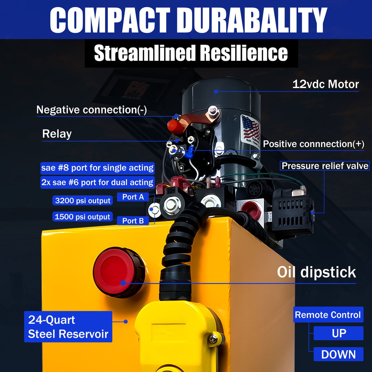 KTI 12vdc Single/Double Hydraulic Power Unit with black cord, red button, and black lid, designed for versatile hydraulic applications in dump trailers.