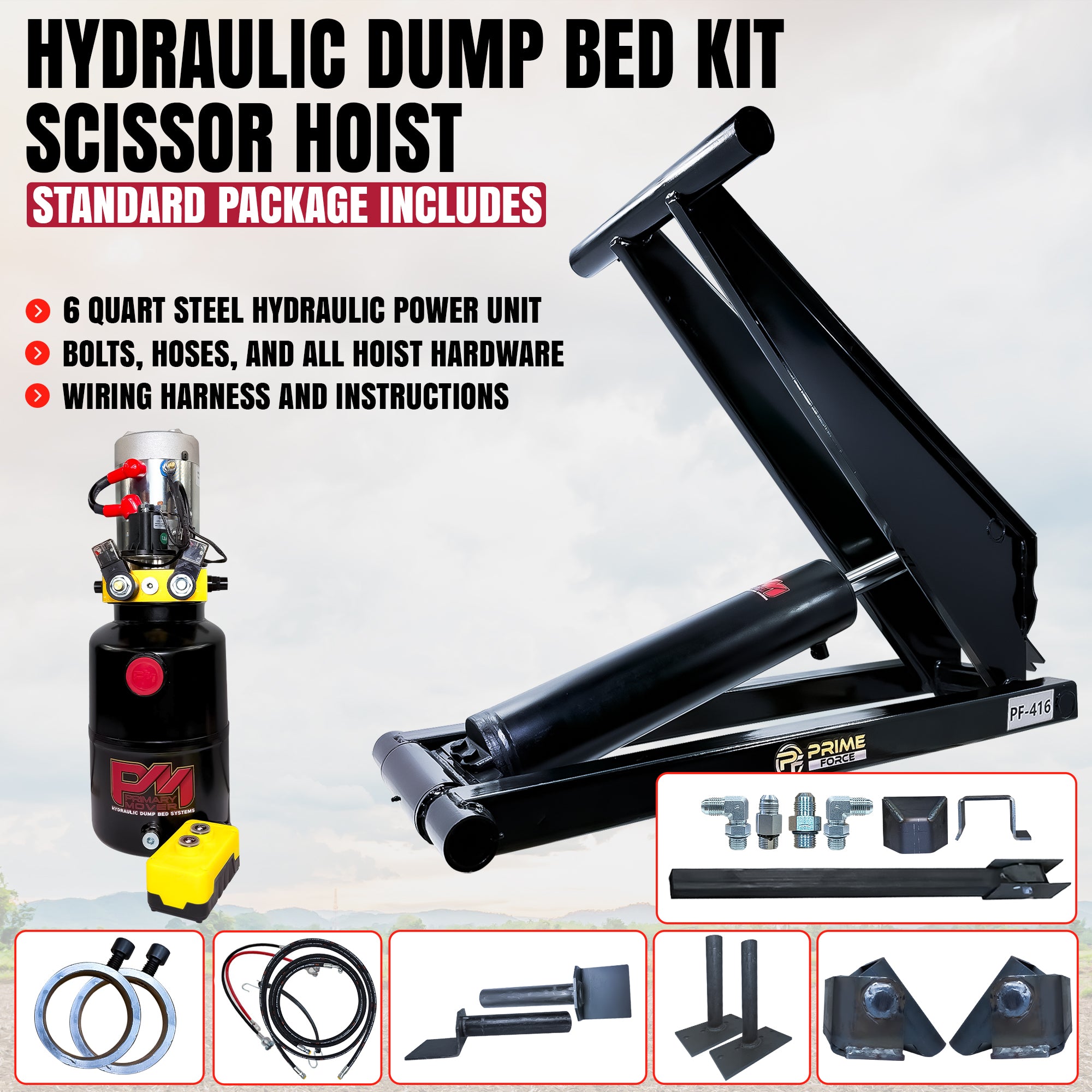 6 Ton Hydraulic Scissor Hoist Kit - Fits 10-14' Dump Body PF-416. Features a scissor-lift frame, hydraulic cylinder, power unit, remote, hoses, fittings, and mounting hardware.