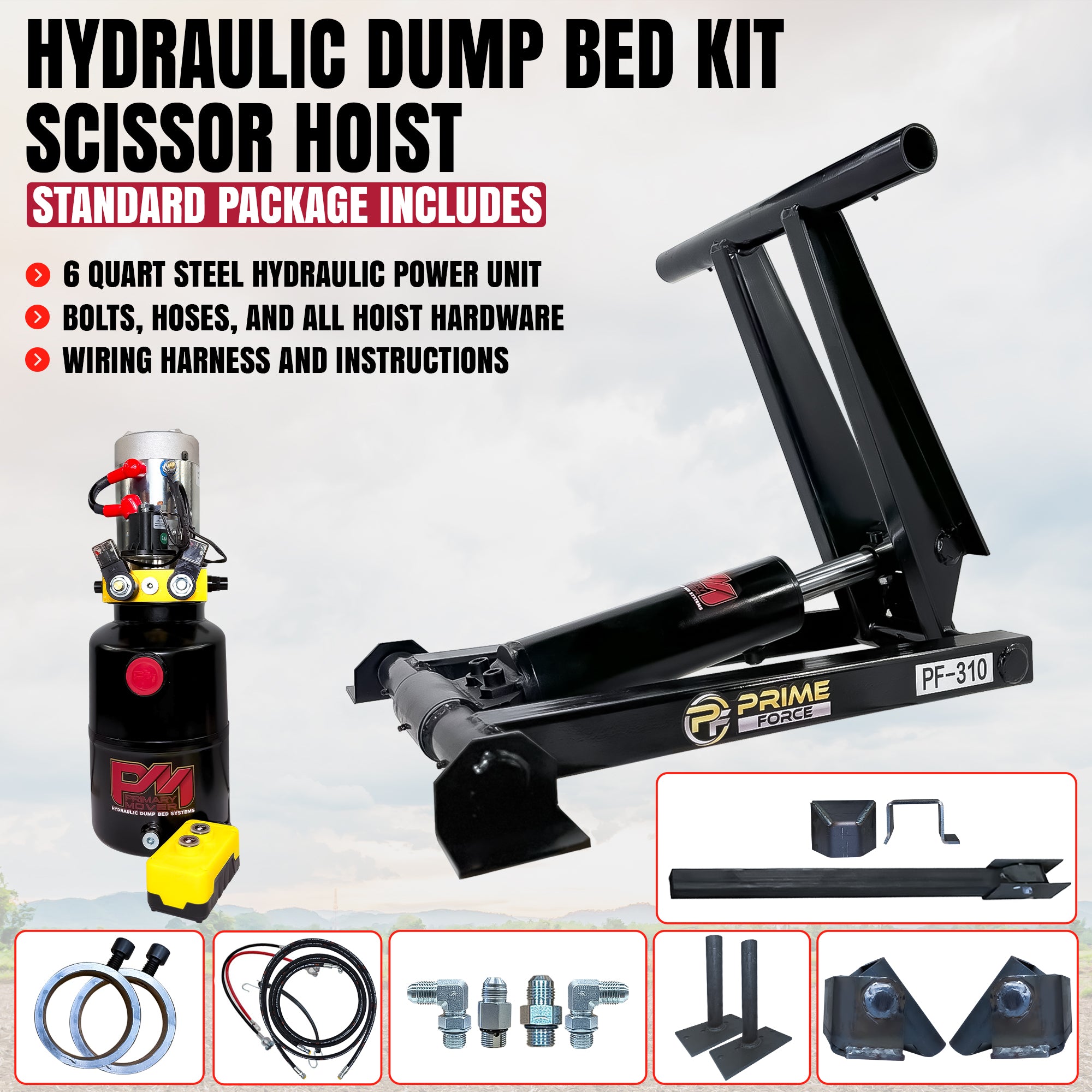 3 Ton Hydraulic Scissor Hoist Kit - Fits 8-10' Dump Body - PF-310. Includes power unit, scissor hoist, cylinder, hoses, remote, mounting hardware. Ideal for compact installations.