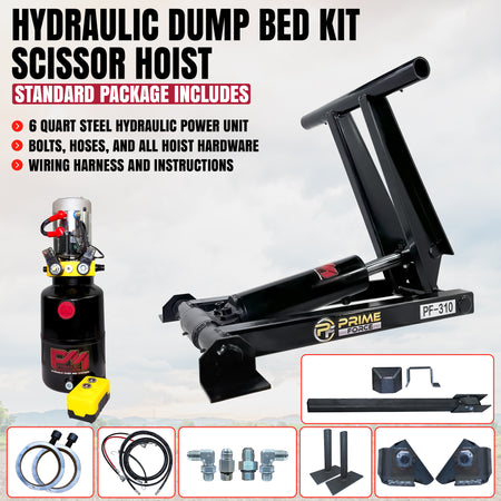 3 Ton Hydraulic Scissor Hoist Kit - Fits 8-10' Dump Body - PF-310. Includes power unit, scissor hoist, cylinder, hoses, remote, mounting hardware. Ideal for compact installations.