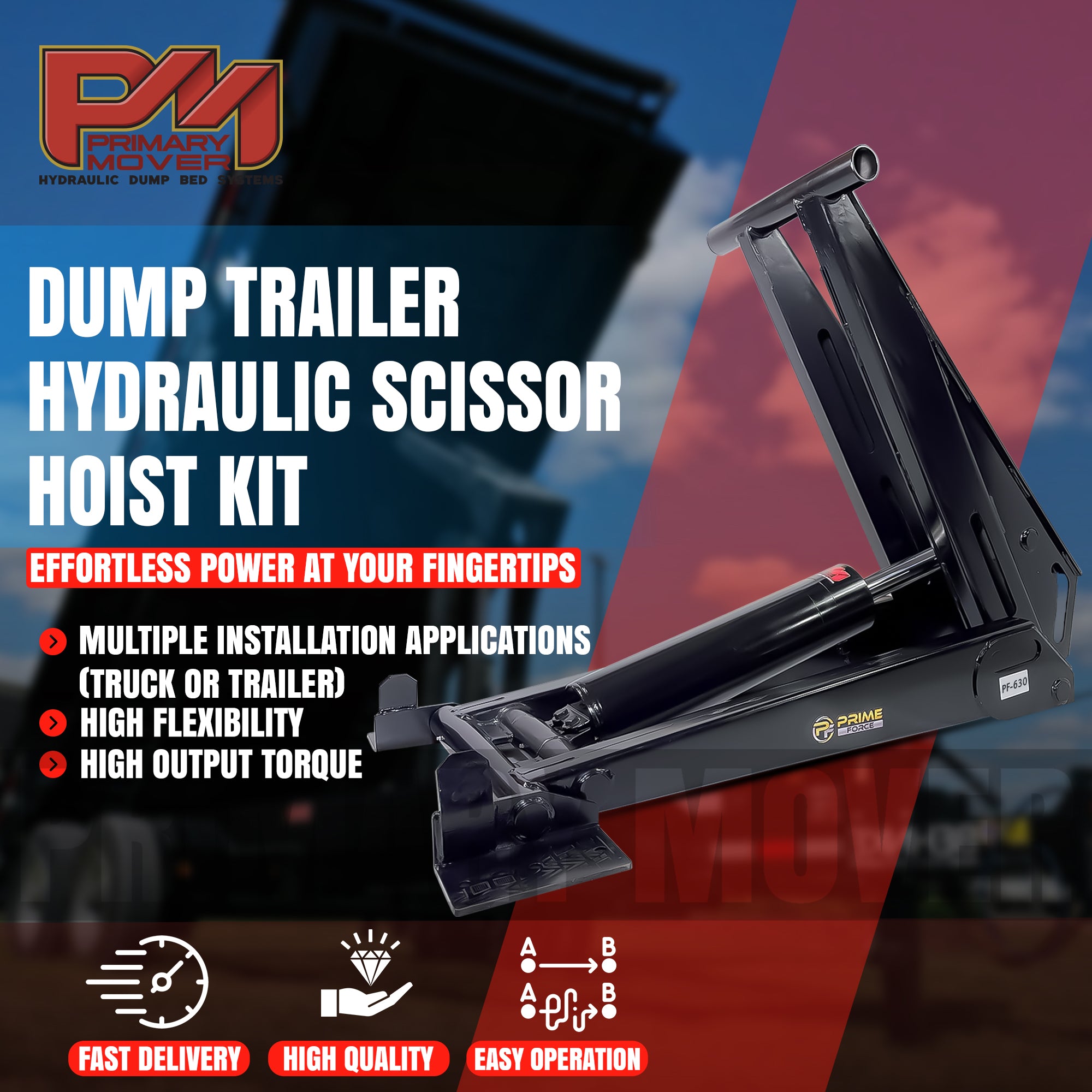 Hand holding a diamond, symbolizing strength, next to text promoting the 14 Ton HD Hydraulic Scissor Hoist Kit PF-630 for 18-24' dump trailers.