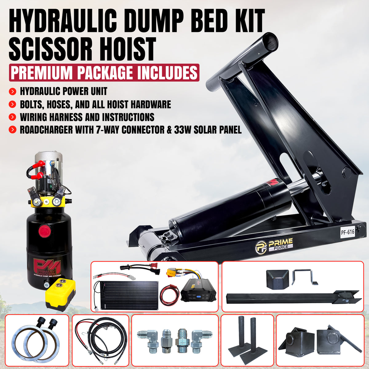 **Title:** 11 Ton Hydraulic Scissor Hoist Kit - Fits 12-16' Dump Body PF-616-6

**Meta Description:** Comprehensive hydraulic scissor hoist kit includes power unit, remote, solar panel, and mounting hardware. Ideal for converting pickups into dump beds.

**Alt Text:** Complete hydraulic scissor hoist kit with power unit, remote, solar panel, wiring, hoses, and hardware for converting pickup beds to dump beds.