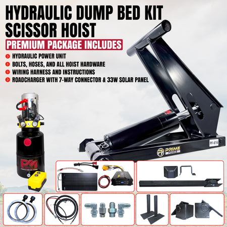 **Title:** 11 Ton Hydraulic Scissor Hoist Kit - Fits 12-16' Dump Body PF-616-6

**Meta Description:** Comprehensive hydraulic scissor hoist kit includes power unit, remote, solar panel, and mounting hardware. Ideal for converting pickups into dump beds.

**Alt Text:** Complete hydraulic scissor hoist kit with power unit, remote, solar panel, wiring, hoses, and hardware for converting pickup beds to dump beds.